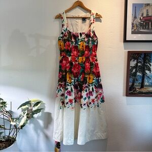 Floral Sleeveless Midi Dress in White with Multicolor Bouquet